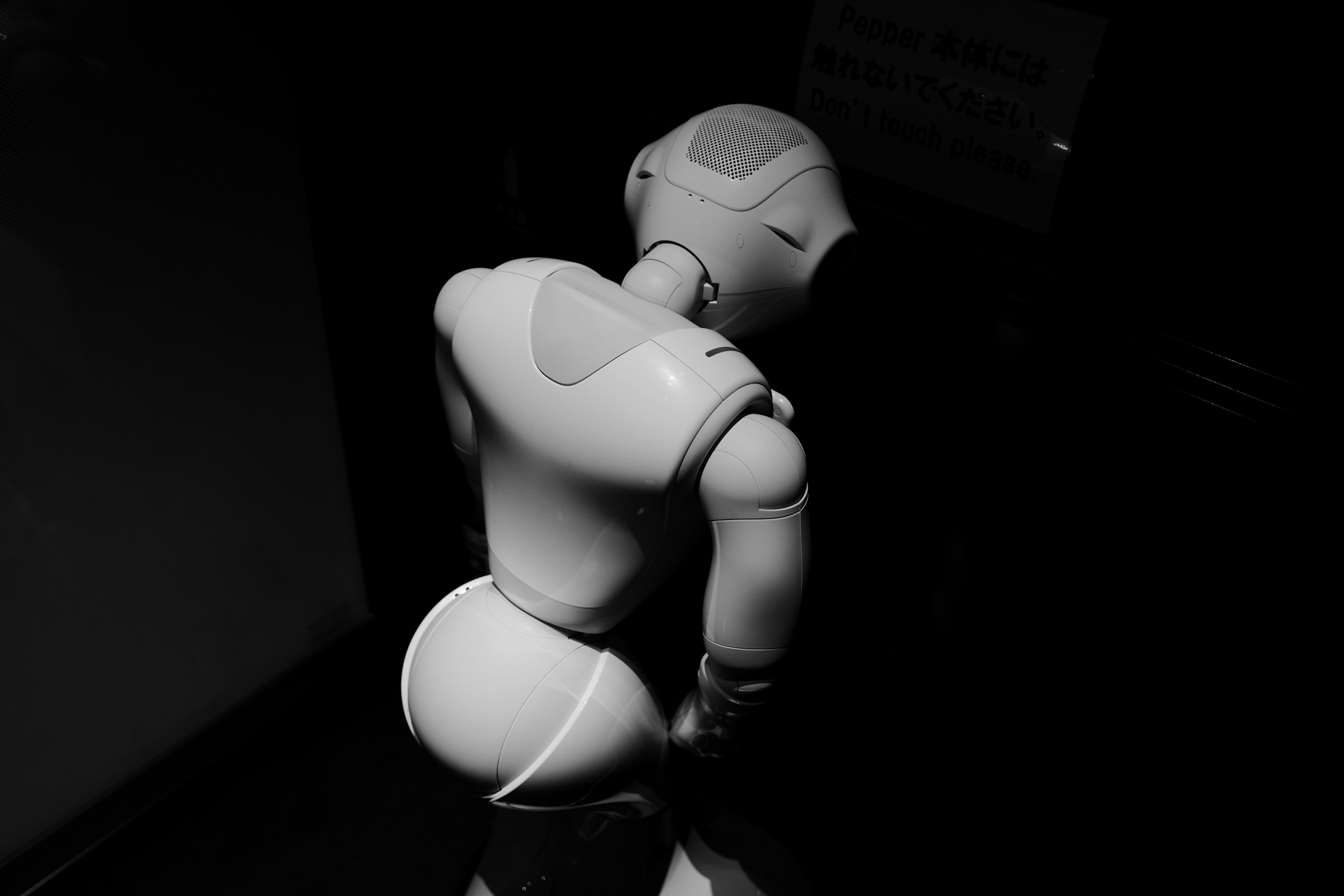Illustrative low-light photograph of a white humanoid robot viewed from behind